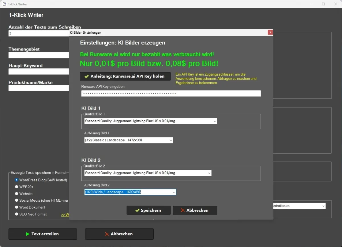 Screenshot des Artikelgenerators für WordPress Artikel mit ChatGPT