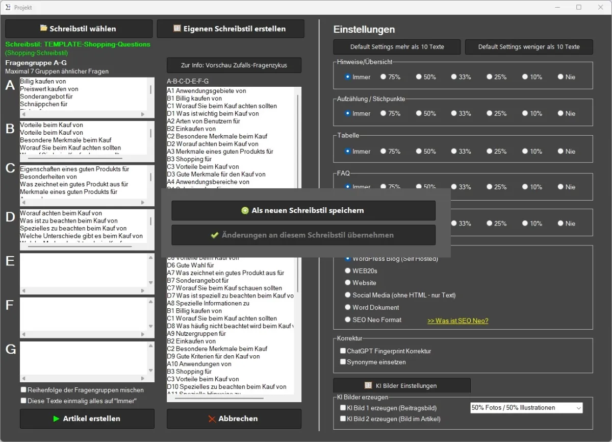 AI Text Generator Screenshot für Artikel schreiben mit KI