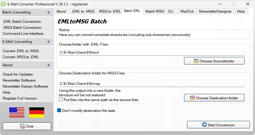 Batch EMLtoMSG Converter for complete folders with subfolders