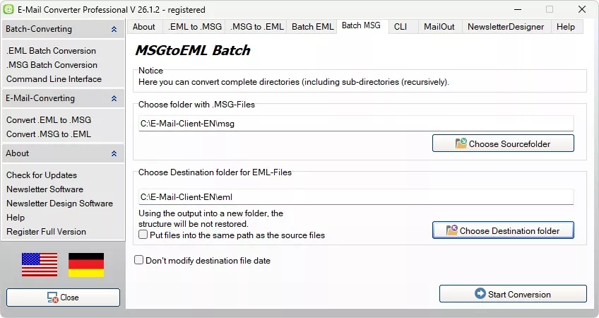 Batch MSG to EML Converter for complete folders with subfolders