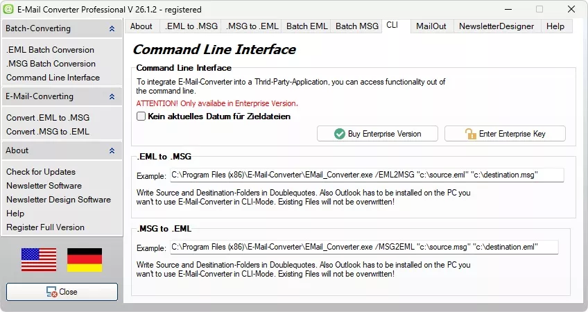 Command Line Interface Converter for starting MSGtoEML and EMLtoMSG from other applications