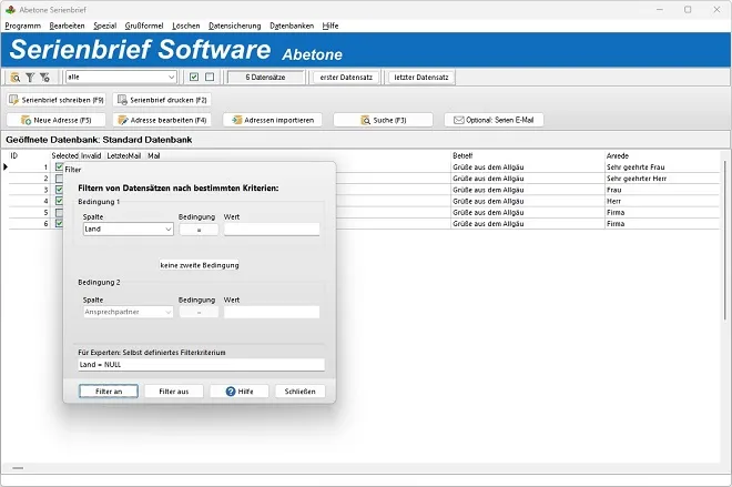 Serienbrief-Software mit Filtern