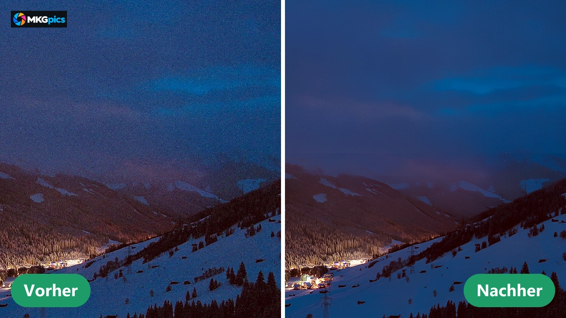 Vorher nachher Vergleich Fotos entrauschen mit KI