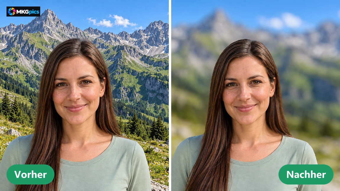 Vorher nachher Vergleich Hintergrund unscharf machen KI